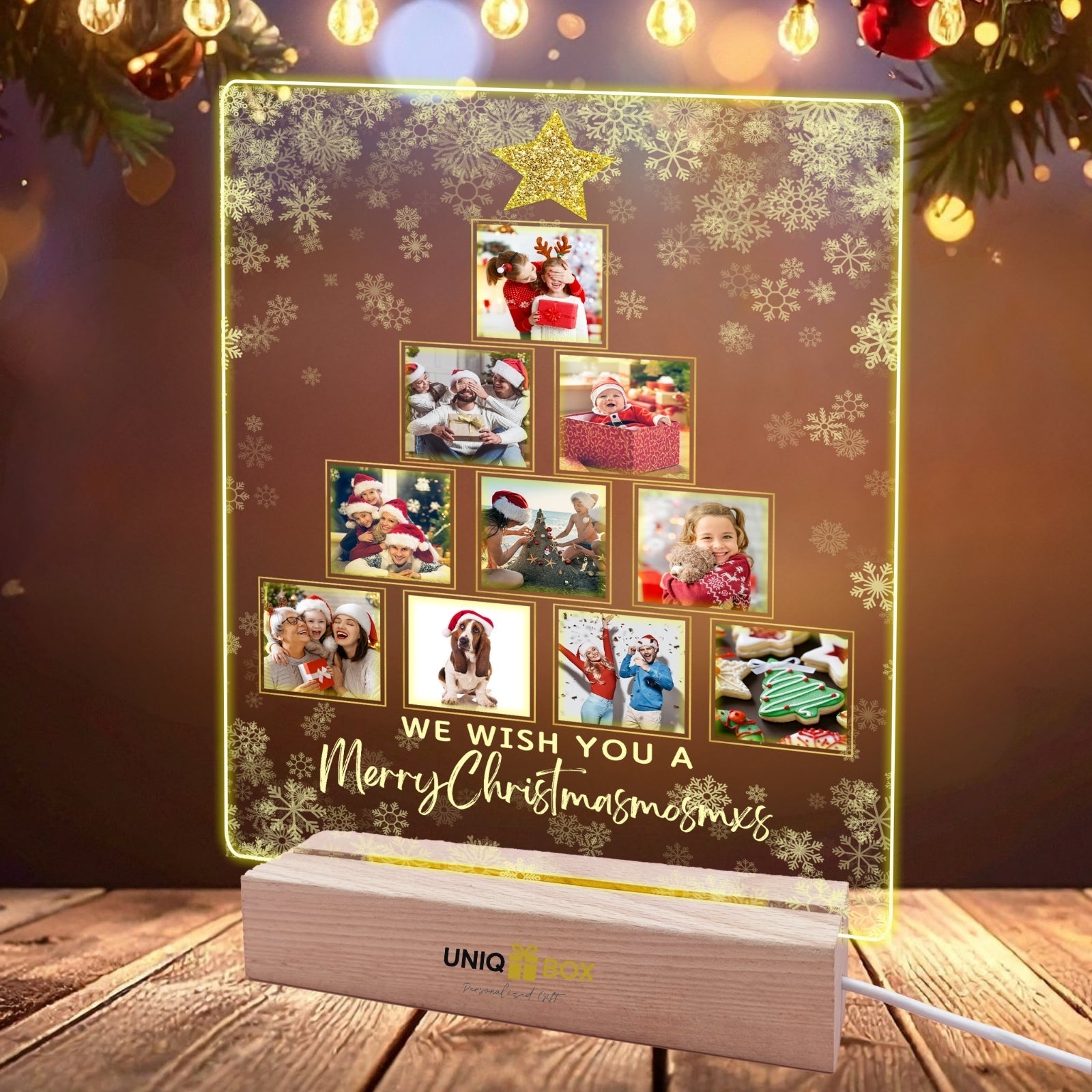 Christmas Tree Gift Night Light with Wooden Base, Personalised Photo LED Lamp, Customised Family Photo Keepsake for Dad Daddy Mum Grandma from Son Daughter Kids, Unique Acrylic Home Decor for Couple - uniqicon