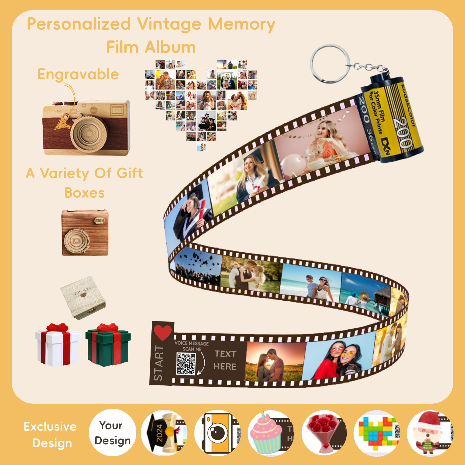 Personalized Customized Memory Retro Camera Film HD Photo Album Film Roll Keychain F3 Voice Message Creative Birthday Valentine Christmas Graduation Friend Anniversary Gift Souvenir Customized Handmade - uniqicon